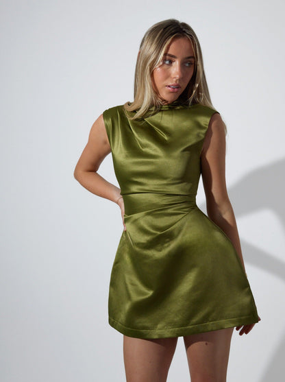 Satin Straight Neck Mini Dress