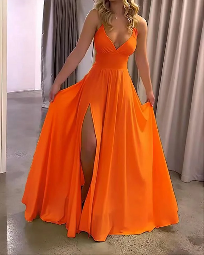 Strap Solid Color Slit Dress